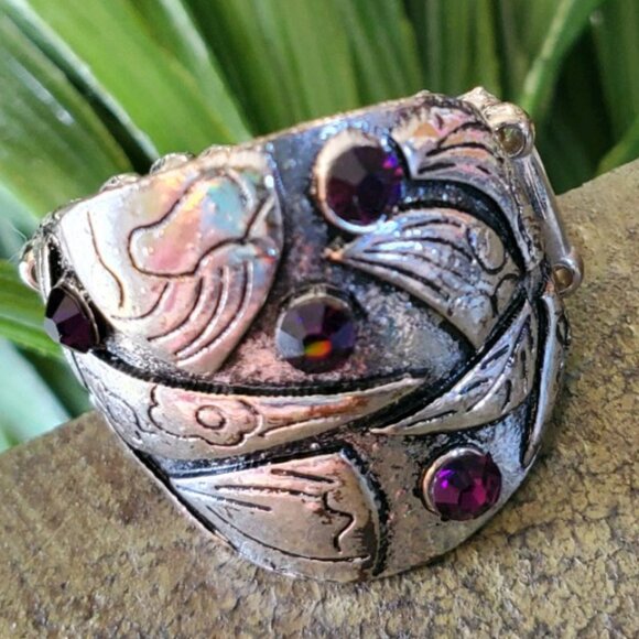 Antique Silver Tone Adjustable Band Ring with Purple Stones 💥3 for $24💥 - Picture 3 of 15